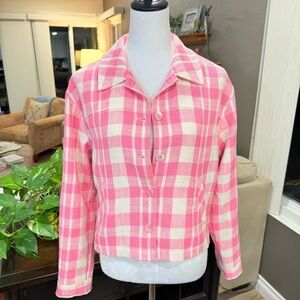 Charlie B NWT Yarn Dye Pink and White Plaid Cropped Boxy Oversized Jacket Small